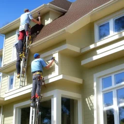 Two dudes standing on a ladder reaching up onto the edge of a house installing seamless gutters to the fascia