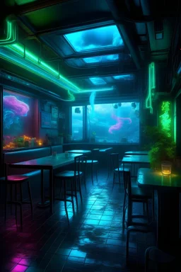 a look from the inside of a whimsical bioluminecent holographic furry neon restaurant, hyper realism, photo realism, realistic lighting, realistic color grading