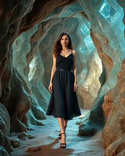 make a picture pretty cave made of crystal diamond 3d fractal recursive cubic and sphere base structures and a beautiful fashion model lady with cute,with dark cyan decholte top and pretty pleated midi skirt,siver she walks in cave ,dynamic camera zoom to full body and fallow her inside cave dynamic lights.