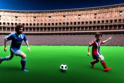 diego armando maradona playing football in roman colosseum, hyper detailed, digital part,cinema4d, elegant, centered, detailed, 8k, shining, heaven, many happy people, dampf,