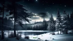 A mystical winter night scene; dark pine trees surround a snow-covered lake, reflecting the moonlight. Snowflakes twirl through the air, enchanting the serene winter forest.