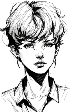 Portrait of a young female with short curly hair, and tan skin color, drawn in Yoji Shinkawa style, black and white with a gray background.