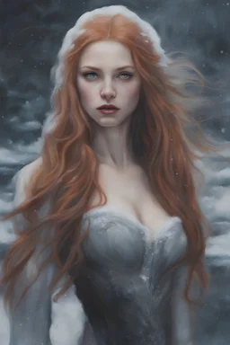 Vampire, eye candy Alexandra "Sasha" Aleksejevna Luss oil paiting style Artgerm Tim Burton, subject is a beautiful long ginger hair female in a snowy seascape in the ice vampire