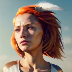 A beautiful portrait of a cyberpunk woman with lot's of grain on her skin red head with hair flying in the wind cyborg smiling facing camera orange color scheme, high key lighting, volumetric light high details with white stripes and feathers unreal 5, octane render, cinema4d, dynamic lighting, dramatic lighting, 4k, redshift render, highly detailed, hyper realistic like Tron the movie