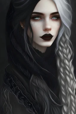 Realistic digital art, full body portrait, ethereal, mature, beautiful and attractive young gothic goddess, freckles, cute nose, black hair and white hair, long wavy braided hair, full lips, sweet smile, pale skin, freckles, dark black lipstick, thick dark gothic makeup, piercings, wearing a dark black stitched hooded scarf, tattoos, Nordic patterns, messy hair, glowing aquamarine eyes, white tattoos, digital art, masterpiece, trending on artstation