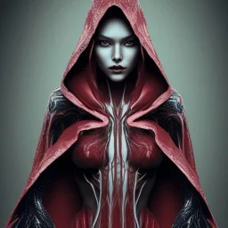 This spider woman is a fearsome sight to behold, with the body of a human woman and the head and legs of a spider. She is draped in a flowing red cloak, with a hood that covers her spider head. Her skin is covered in shimmering black scales, and her eyes glow a bright, otherworldly green. She is fast and agile, able to climb walls and ceilings with ease. She has venomous fangs and sharp claws, and she can spin webs of magical energy to ensnare her enemies. She is intelligent and cunning, and she