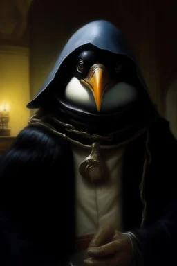 1970's dark fantasy cover dnd style oil painting frontal webcam picture of pengu the penguin, slave owner dark lord.