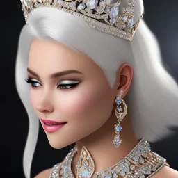 Ice Princess with white hair smilling, a crown with precious stones, bright background