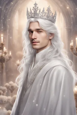 Cute, charming, gentle, sweet, small smile, kind, young man -a prince with long, thick, white hair as snow, long hair, grey eyes, smirk, looking at viewer standing out amongst guests at a gala in his silvery clothes in light fabric. Wearing earrings and subtle eyeshadow, and a simplistic crown of silver. clean shave, fantasy, blurred crowd, Ball gowns, happy, small smile, loose hanging hair, colorful crowd, white prince, wider face