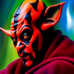 Ultra detailed fullbody Portrait in oil on canvas of Darth Maul merges Yoda ,intense stare,extremely detailed digital painting, extremely detailed face,crystal clear Big eyes, mystical colors ,perfectly centered image, perfect composition, rim light, beautiful lighting,masterpiece,8k, stunning scene, raytracing, anatomically correct, in the style of robert e howard and Ken Kelley and Ohrai Noriyoshi and Simon Bisley and tomzj1