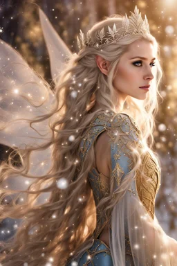 Elven princess,elven crown,long white blonde golden hair,rapunzel hair,ice flowers,beautiful,light blue,dark blue,golden armor,sparkle,glitter,ice flowers,snow,elven ears,dark fairy princess