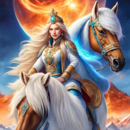 (masterpiece, best quality, 8k, RAW photo, beautiful and aesthetic:1.2), complex detail, Indirect light, photorealistic, (((full body))), 2 Gorgeous Cosmic russian asian goddess smiling, long curved blonde hair, blue eyes, Mixed, sci-fi and traditional russian outfit with white furs and chapka, a background with a horse of fire companion and a colorfull Sci-Fi environment