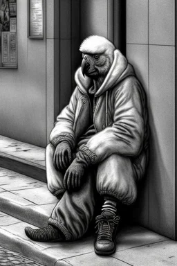 One single mature homeless cockatoo with worn out clothes, sleeping in a corner on the street, Vienna, mourning, model style, hyper realistic, extremely accurate, delicate, extremely detailed, Graphic novel style, wide-angle, open aperture, superfine pencil