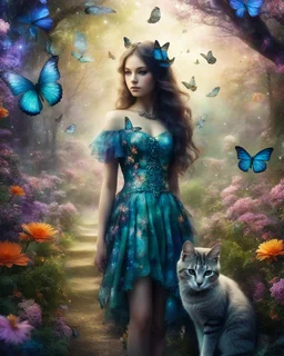 Photography Fantasy art a beautiful a girl and cat, fullbody,wonderland park,butteflies,fully flora and fully fauna.Style : Cosmic space,Detail photo, Digital photography