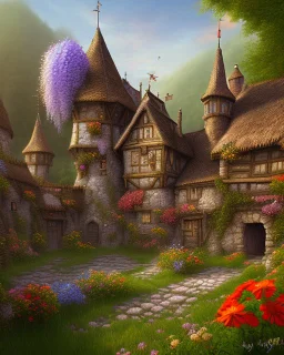 medieval fantasy village with flowers rpg art painterly