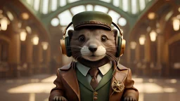 High-end state-of-the-art STEAMPUNK aesthetics flawless smiling cute fluffy Otter professor wearing headphones, supreme cinematic-quality photography, sage green and honey brown pure leather clothes, Art Nouveau-visuals,Vintage style with Octane Render 3D technology,hyperrealism photography, (UHD) with high-quality cinematic character render,Insanely detailed close-ups capturing beautiful complexity,Hyperdetailed,Intricate,8K,Hyperrealism craftwork