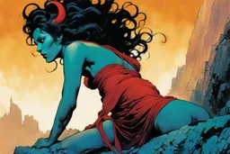 create a ethereal, otherworldly seductive ancient female succubus , in the comic book art style of Mike Mignola, Bill Sienkiewicz, and Jean Giraud Moebius, with highly detailed and sharply defined feminine facial features , finely penciled and inked , dramatic natural lighting