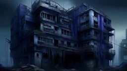 A dark, moody, and surreal depiction of a decaying, multi-story building with organic, web-like structures clinging to its exterior. The architecture appears to be crumbling, with numerous dark, cavernous openings on each level. The color palette is dominated by deep blues, purples, and grays, creating an unsettling and mysterious atmosphere. The sky above is cloudy and dimly lit, with hints of celestial bodies visible, suggesting a desolate and alien landscape. The overall impression is one of
