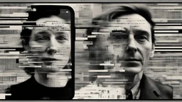 [a man and a woman] A glitchy video message on a smartphone screen, with fragmented words and disjointed images, symbolizing the call to adventure.The protagonists staring at the screen, a mix of curiosity and unease on their face. [William S. Burroughs' "The Electronic Revolution" and Jack Kerouac's "On the Road." ]