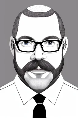 black and white,real estate agent,bald white male with bushy grey beard,55 years old,metal wire frame glasses,, necktie,portly,detailed drawing,white background