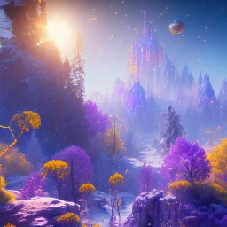 blue gold and violet landscape with multicolored crystals falling from the sky, full of details, smooth, bright sunshine，soft light atmosphere, light effect，colorful, concept art, smooth, extremely sharp detail, finely tuned detail, ultra high definition, 8 k, unreal engine 5, ultra sharp focus