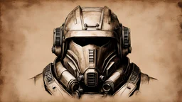 fallout, Da_Vinci, (Enclave:1.5) power armor helmet, sepia, ink drawing