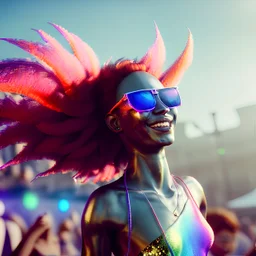 Ultra Realistic photo, medium shot view, drunken dancer bikini woman, carnival scene, monster hair, steampunk. Red hair, confeti, Sunglasses, smile, happy, festival, gradient color fog. highly detailed, concept art, unreal engine 5, ray tracing, RTX, lumen lighting, ultra detail, volumetric lighting, 3d, finely drawn, high definition, high resolution.