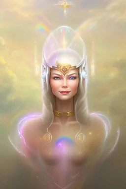 cosmic woman smile, admiral from the future, one fine whole face, crystalline skin, expressive blue eyes,rainbow, smiling lips, very nice smile, costume pleiadian, Beautiful tall woman pleiadian Galactic commander, ship, perfect datailed golden galactic suit, high rank, long blond hair, hand whit five perfect detailed finger, amazing big blue eyes, smilling mouth, high drfinition lips, cosmic happiness, bright colors, blue, pink, gold, jewels, realist, high commander,ufo rainbows