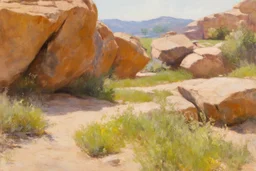 Sunny day, rocks, big rocks, vegetations, distant mountains, sci-fi, gustave caillebotte, and anna boch paintings