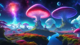 "Whimsical space world, islands linked by glowing mushroom roots, cosmic mushrooms, nebulae, vibrant colors, soft shading. Studio Ghibli style, 8k, highly detailed."