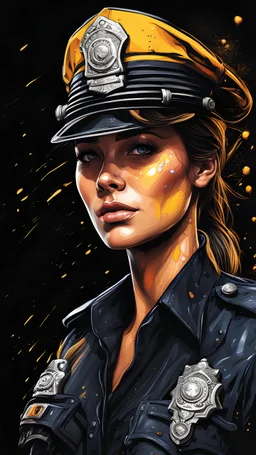 Policewoman, Line Art, Black Background, Ultra Detailed Artistic, Detailed Gorgeous Face, Natural Skin, Water Splash, Colour Splash Art, Fire and Ice, Splatter, Black Ink, Liquid Melting, Dreamy, Glowing, Glamour, Glimmer, Shadows, Oil On Canvas, Brush Strokes, Smooth, Ultra High Definition, 8k, Unreal Engine 5, Ultra Sharp Focus, Intricate Artwork Masterpiece, Ominous, Golden Ratio, Highly Detailed, photo, poster, fashion, illustration