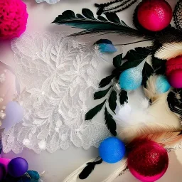 delicate arrangement of lace pearls and feathers, chiaroscuro, vivid colors, festive colors, dramatic lighting, beautiful composition, aesthetic layout