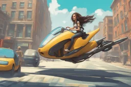 young woman astride a large hoverbike, with no wheels, floating along an alien street