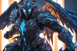 grendel in 8k solo leveling shadow artstyle, blue ice angel them, neon effect, cover face, full body, apocalypse, intricate details, highly detailed, high details, detailed portrait, masterpiece,ultra detailed, ultra quality