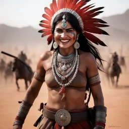 the Painted Indian smiles, ready to fight, in dust, rust and blood, her body is covered with throwing daggers belts