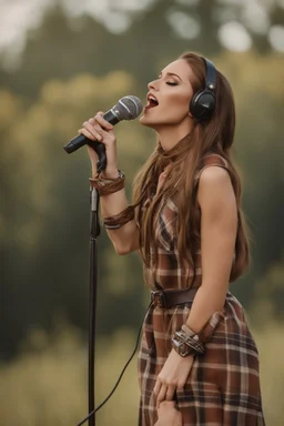 idealized female model country music singer leaning forward while holding microphone in one hand, other hand brought up to side of neck, change clothing to plaid in natural tones, leather bracelets on wrists, long hair, mouth open singing, rings on fingers, eyes closed