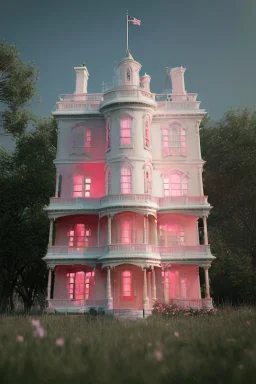 Victorian white house with pink flowers, in the style of Camilla d'Errico, hyper detailed, beautiful, complex, trending on artstation, cinema4d, cryengine, national geographic photo, chiaroscuro