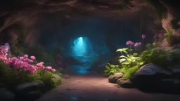 Photoreal dark underground cavewith fluorescent neon plants and flowers in the style of fantasy movies, photorealistic, shot on Hasselblad h6d-400c, zeiss prime lens, bokeh like f/0.8, tilt-shift lens 8k, high detail, smooth render, unreal engine 5, cinema 4d, HDR, dust effect, vivid colors