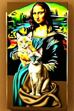 Mona lisa holding Siamese cat with blue eyes in art style of Botticelli artwork Modifiers: highly detailed 8k beautiful colourful matte background Michelangelo acrylic art aesthetically perfect facial features Siamese cat Chocolate point color Blue eyes only Sphynx cat