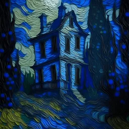 A periwinkle haunted mansion filled with ghosts painted by Vincent van Gogh