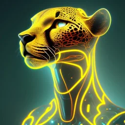 A beautiful portrait of a cyborg cheetah yellow neon color scheme, high key lighting, volumetric light high details psychedelic background