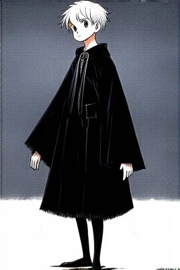 pallid 7 year old boy genie, necromancer, friendly,wearing black robes, with the lower body of a genie instead of legs, in the style of Harry Clarke