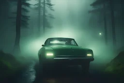 hiper-realistic UNREAL ENGINE beard guy detective view drives car in a misty dark mountains forest at night with strange light green in the mist, David Lynch movie still