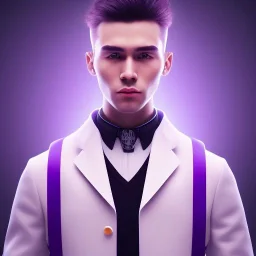 man, cute face, white highlight hair, brown eye, white, skin, purple suits, futuristic, science, purple, blue, dark pink background lighting, technology, profile, asian boy, square face, light orange