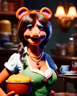 waitress woman with muppet mask that covers her entire head, retro style, Sesame Street style, smooth, unreal engine 5, god lights, ray tracing, RTX, lumen lighting, ultra detail, volumetric lighting, 3d.