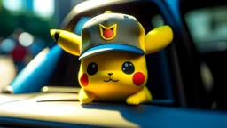 High quality medium shot of Pikachu sitting in a minivan, city, baseball cap, pokemon, cute