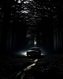 Dark Forest Drive: A couple in a car driving through a dense, dark forest with tall, shadowy trees. The headlights illuminate the eerie, twisted branches ahead, creating an ominous atmosphere.