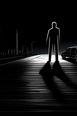 stickman figure walking in a dark street night time while being watched by tall dark figure