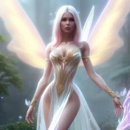 beautiful fairy very etheric, nice smiling, long blond hair, magic glamour pink make up, delicate colors, complete vision of very transparent and big wings, beautiful glamour transparent dress, ultra sharp focus, 8k, unreal engine 5, extremely sharp detail, light effect, soft light atmosphere, smooth, full of details, face in front, complete vision of face and hair and of the body