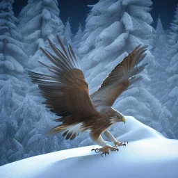 portrait of a bird of prey, feathers, extremely sharp detail, finely tuned detail, ultra high definition, 8k resolution, dynamic lighting, unreal engine 5, ultra sharp focus, mountains, winter landscape, background trees